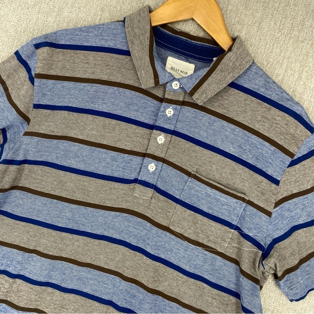 Billy Reid Striped Polo Shirt Mens XL Blue Gray Brown Cotton Short Sleeve Pocket
